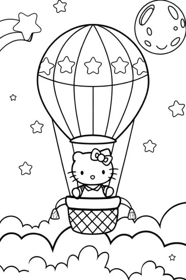 A coloring page of Hello Kitty’s celestial balloon voyage