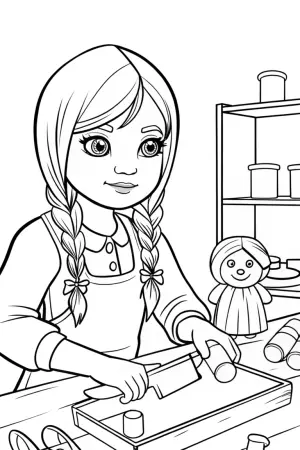 Wednesday Addams in a puppet workshop coloring pages