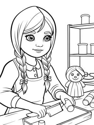 Wednesday Addams in a puppet workshop coloring pages