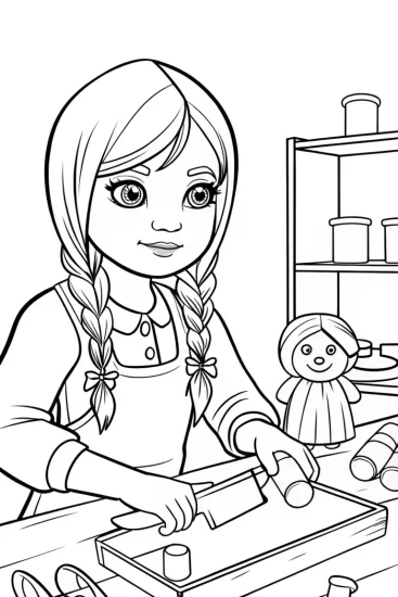 A coloring page of Wednesday Addams in a puppet workshop