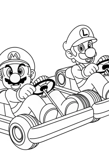 A coloring page of Mario and Luigi racing in safari karts