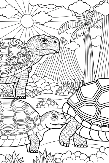 A coloring page of Turtles time traveling with dinosaurs