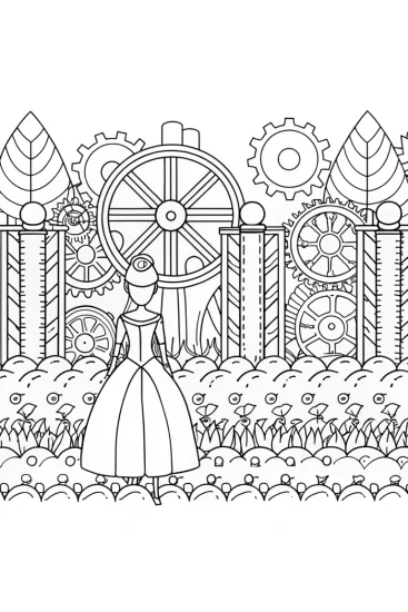 A coloring page of Princess in a mechanical garden