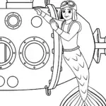 Mermaid mechanic fixing a submarine