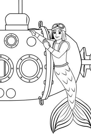 Mermaid mechanic fixing a submarine coloring pages