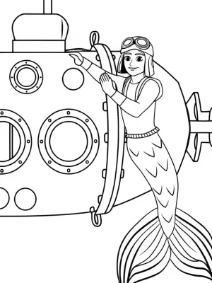 Mermaid mechanic fixing a submarine coloring pages