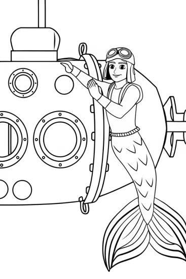 A coloring page of Mermaid mechanic fixing a submarine