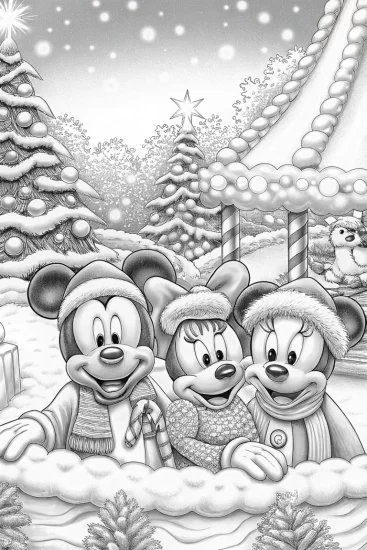 A coloring page of Mickey and Friends Christmas festival