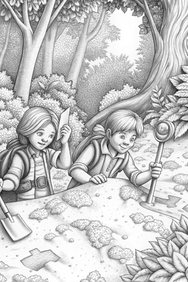 A coloring page of Children on a treasure hunt