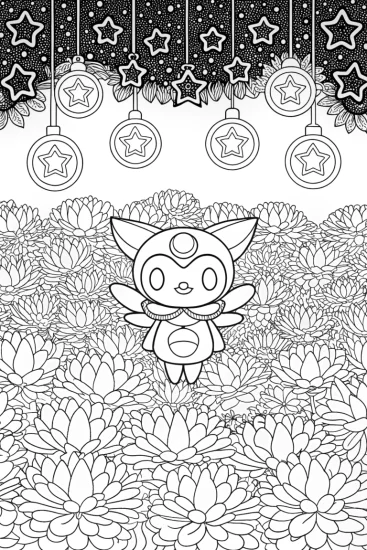 A coloring page of Kuromi in a celestial garden