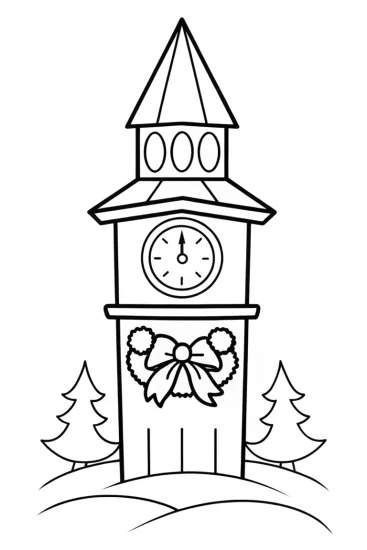 A coloring page of Clock tower Christmas celebration