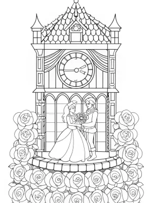 Belle and Beast in the clock tower coloring pages
