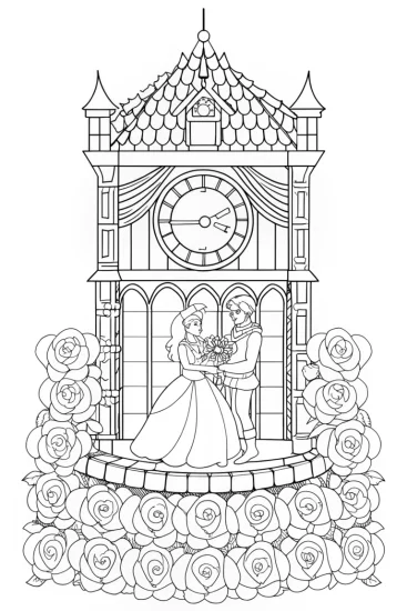 A coloring page of Belle and Beast in the clock tower