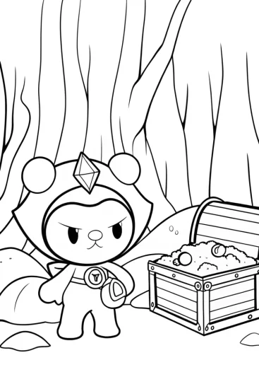 A coloring page of Kuromi treasure hunt in a cave