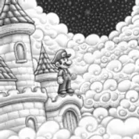 Mario floating in a cloud castle