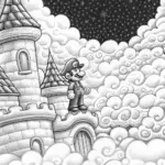 Mario floating in a cloud castle