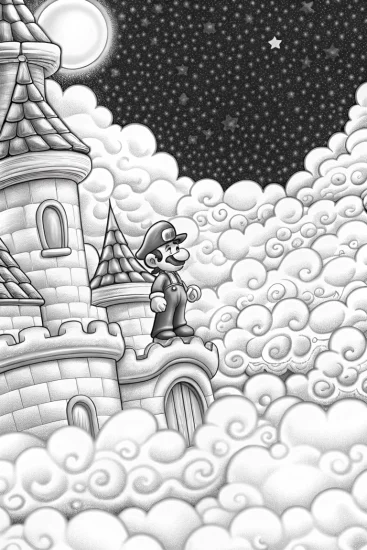 A coloring page of Mario floating in a cloud castle