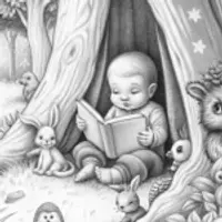 Baby reading with forest friends
