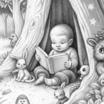 Baby reading with forest friends