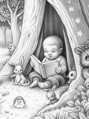 Baby reading with forest friends coloring pages