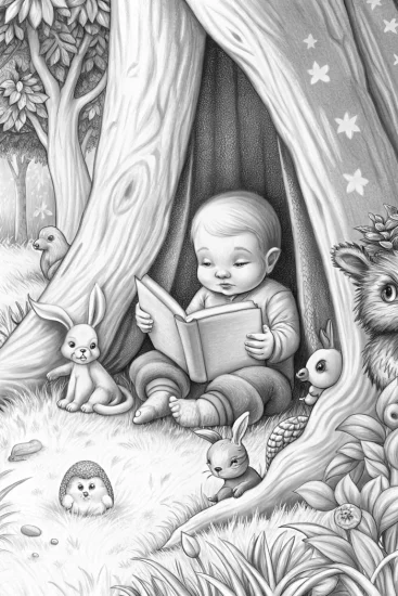 A coloring page of Baby reading with forest friends