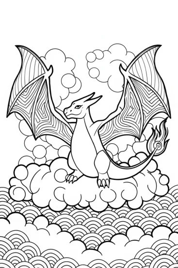 A coloring page of Charizard flying through clouds