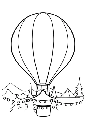 A coloring page of Hot air balloon above Christmas market