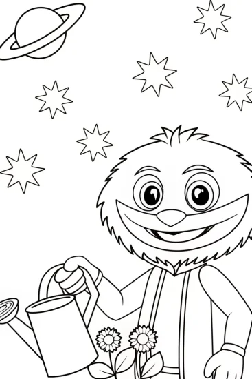 A coloring page of Huggy Wuggy gardening in space