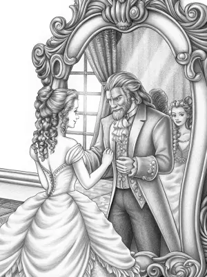 Belle and the Beast at the mirror coloring pages