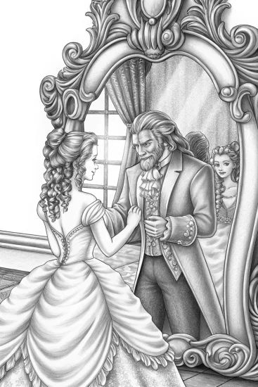 A coloring page of Belle and the Beast at the mirror