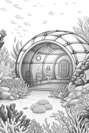 A coloring page of Little Mermaid underwater cafe