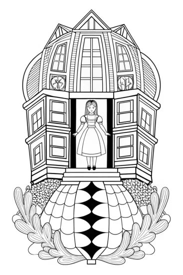 A coloring page of Alice in the floating library