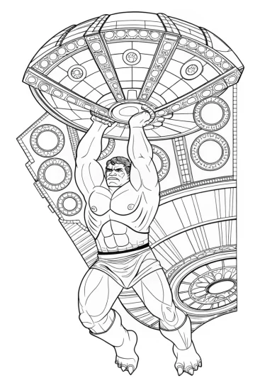 A coloring page of Hulk lifting a spaceship panel