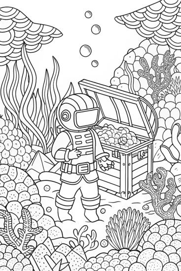 A coloring page of Monster exploring underwater treasures