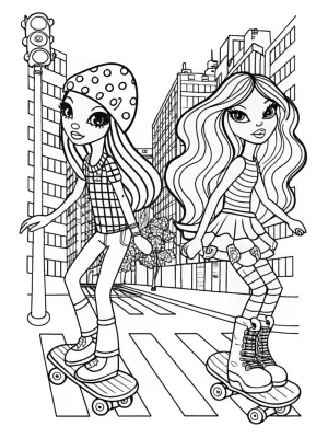 Bratz dolls skateboarding in the city coloring pages