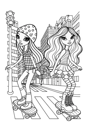 A coloring page of Bratz dolls skateboarding in the city