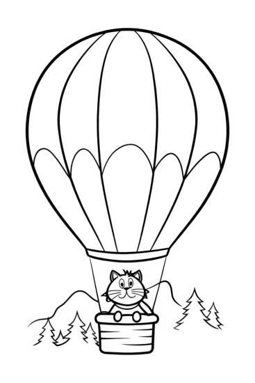 A coloring page of Whiskers the Cat in a hot air balloon