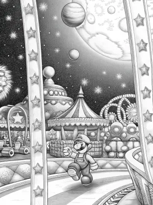Mario racing in a cosmic carnival coloring pages