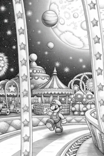 A coloring page of Mario racing in a cosmic carnival