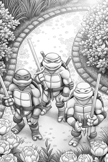 A coloring page of Teenage Mutant Ninja Turtles in a garden