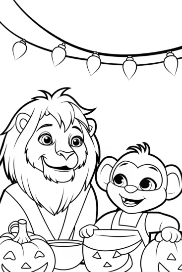 A coloring page of Lion and monkey Halloween party