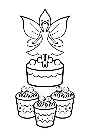 A coloring page of Fairy baker with whimsical pastries