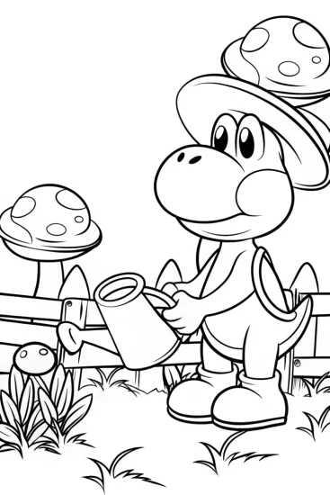 A coloring page of Yoshi watering alien plants