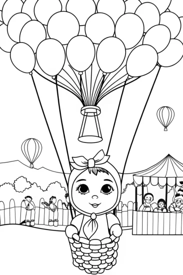 A coloring page of Baby at the balloon festival