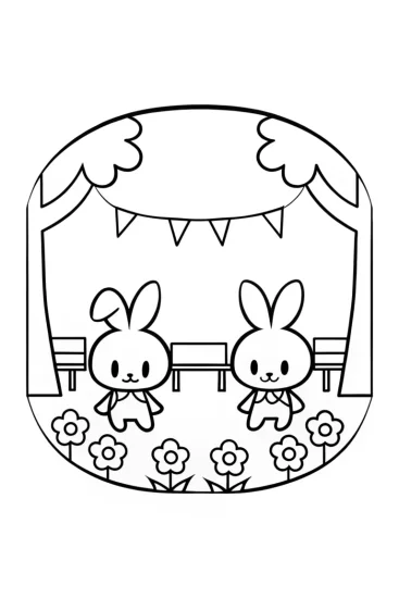 A coloring page of My Melody’s garden dance party