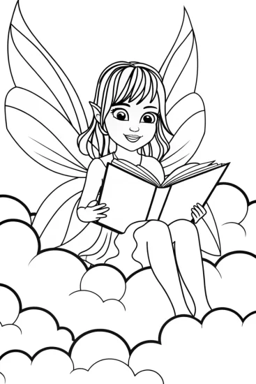 A coloring page of Fairy librarian in the clouds