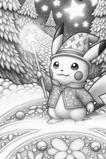 A coloring page of Pikachu the weather wizard