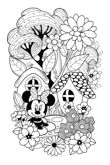 A coloring page of Minnie Mouse’s enchanted garden