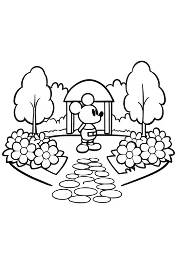 A coloring page of Mickey Mouse in a tea garden