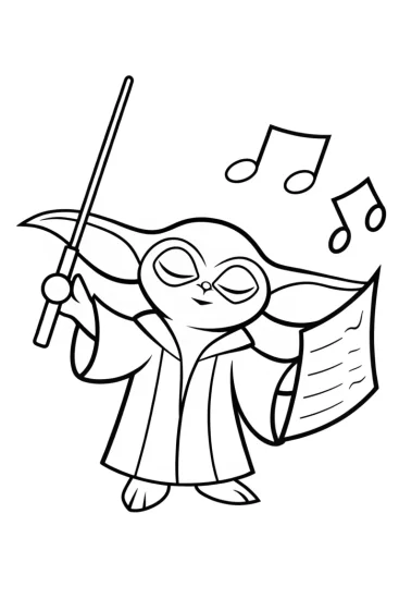 A coloring page of Baby Yoda conducting a symphony
